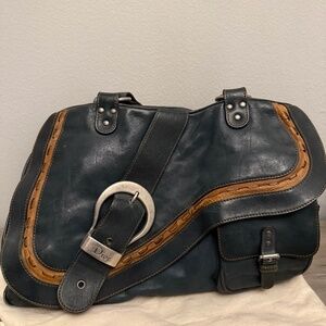 Dior Teal Vintage Gaucho Saddlebag Purse - blue
